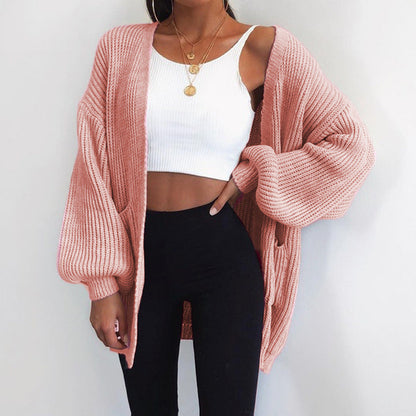 Damen Grobstrick-Cardigan Oversized Ärmel Praktische Taschen Beige