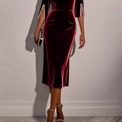 Damen Samtkleid Figurbetont Perlendetails