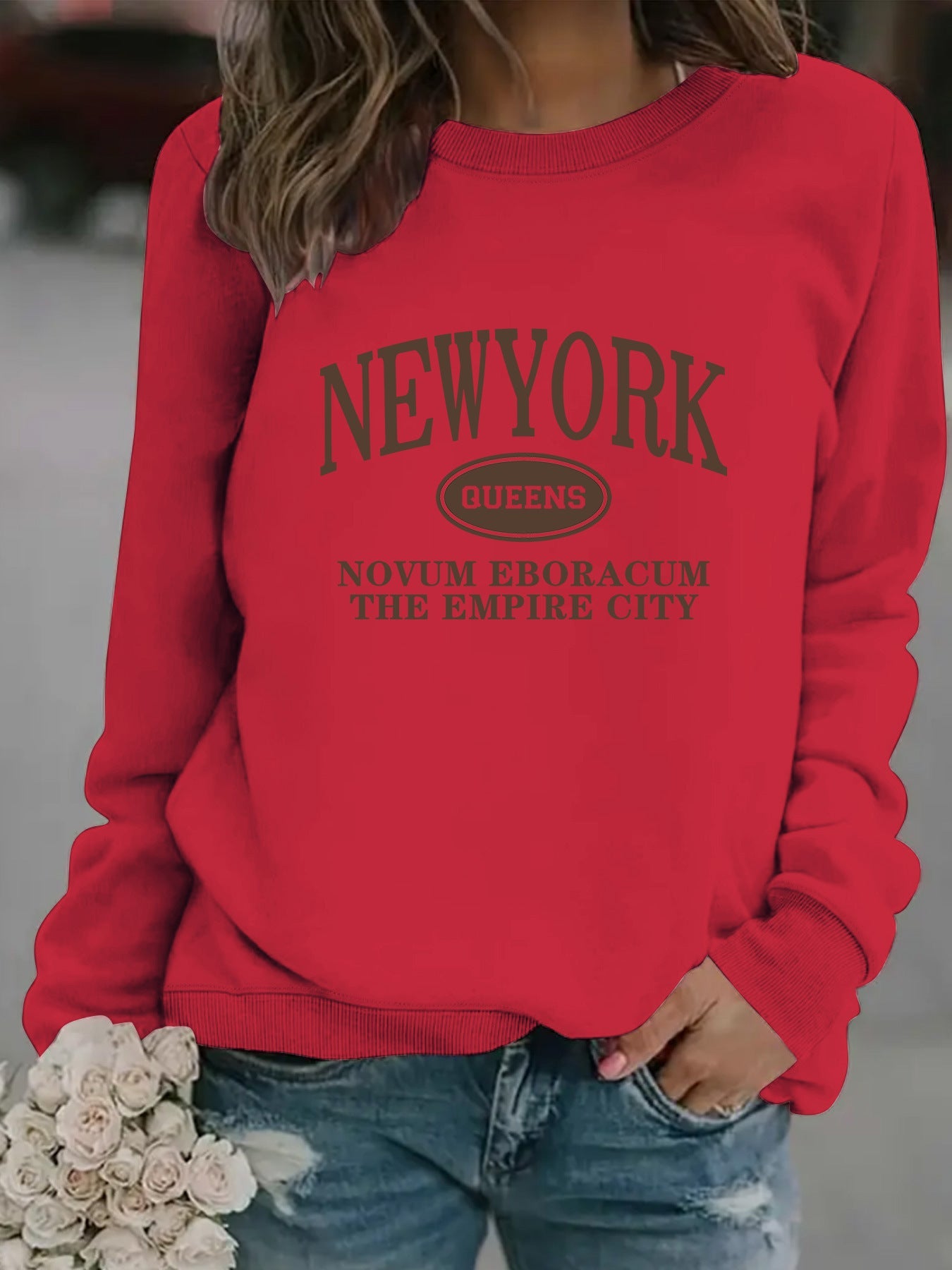 Damen Sweatshirt New Yorker Schriftzug Baumwolle Weiß