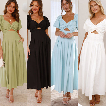 Damen Midikleid Puffärmel Knotendetail Norvielle - Norvielle