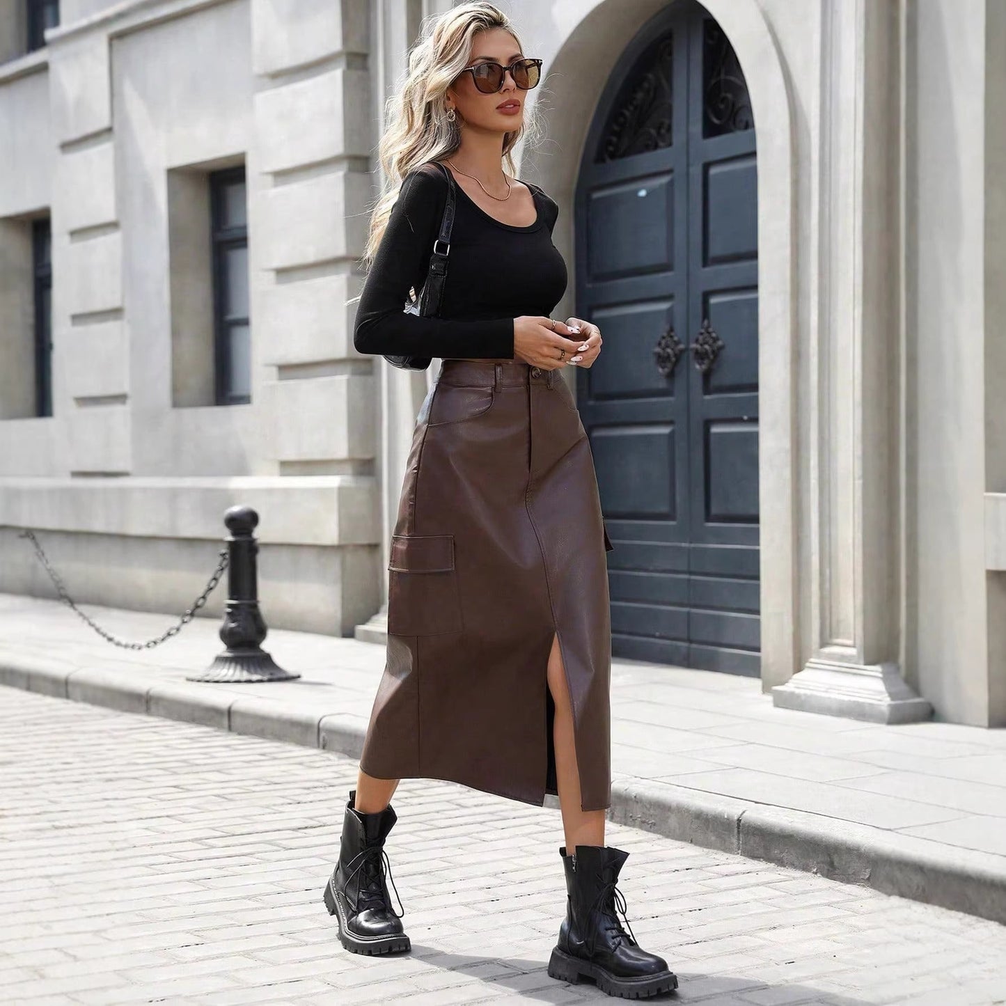 Damen Midirock Kunstleder Taschen Elegant