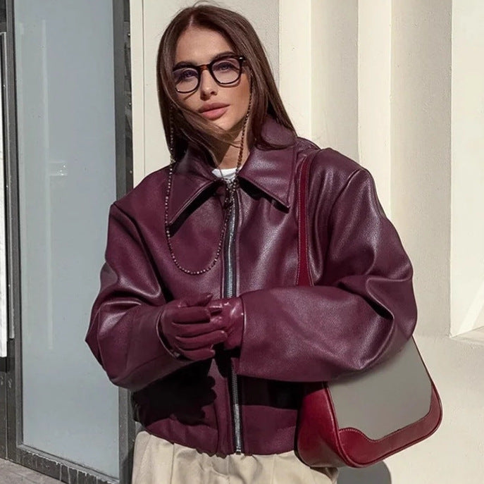 Damen Kunstlederjacke mit Kragen Schwarz - Norvielle