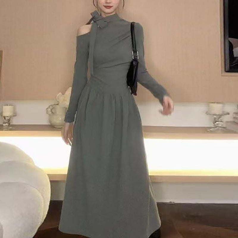 Damen Kleid Asymmetrischer Ausschnitt Elegantes Schleifendesign