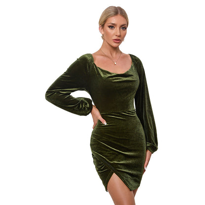 Damen Samt Minikleid mit Schlüsselausschnitt und Puffärmeln