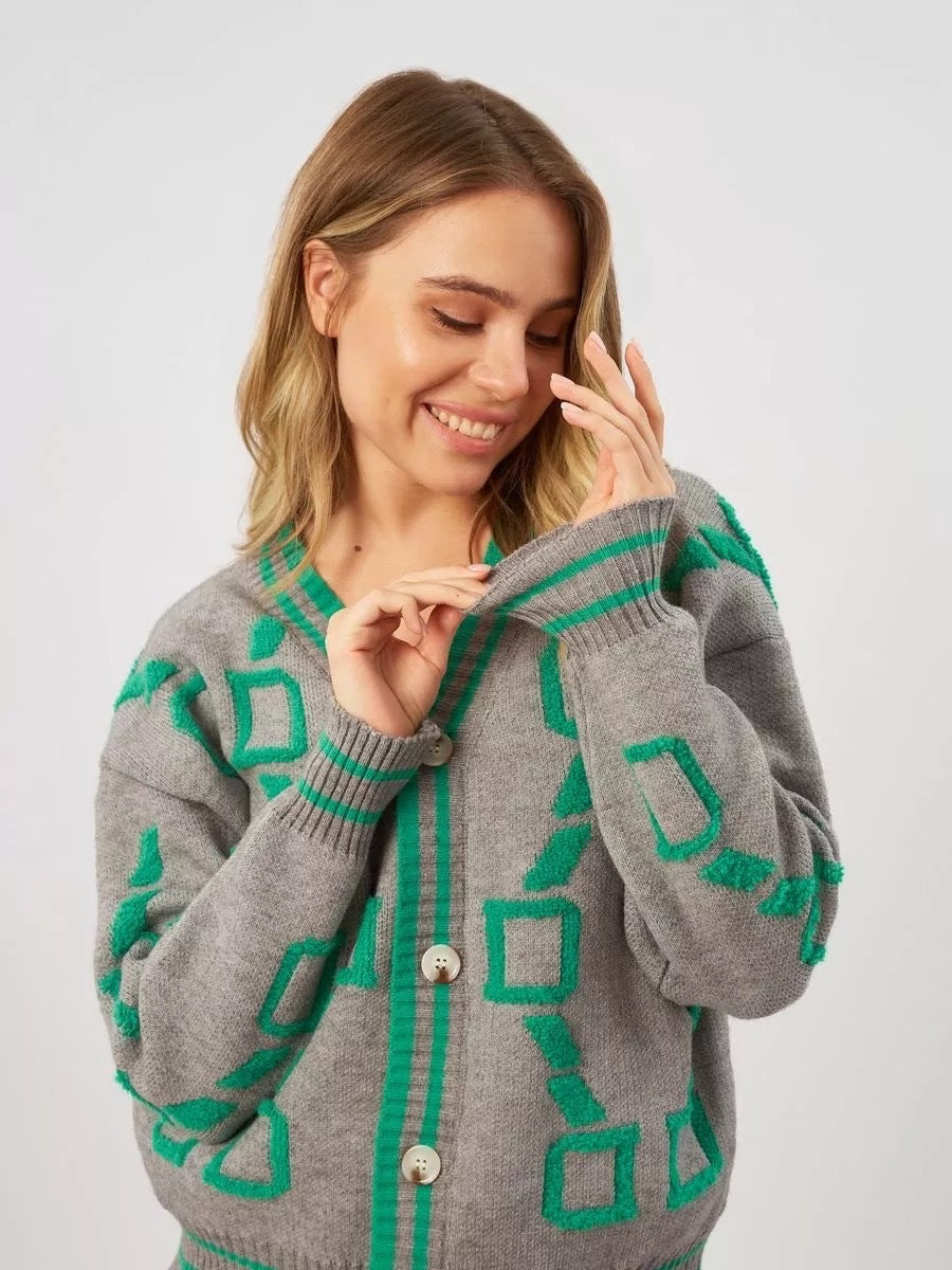 Damen Strickjacke Bunt Geometrisch Knöpfe