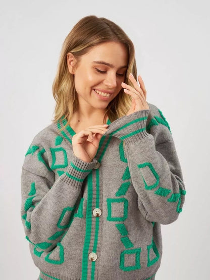 Damen Strickjacke Bunt Geometrisch Knöpfe