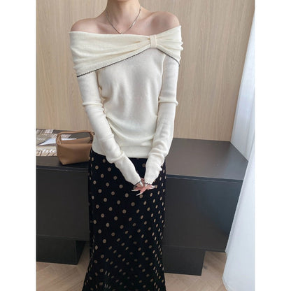 Damen Off-Shoulder Pullover Raffung Länge Langärmelig Norvielle