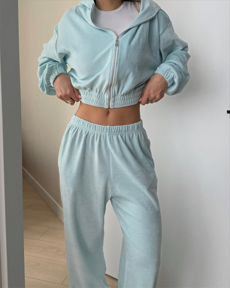 Damen Sportset Cropped Sweatshirt und Hose Baumwolle Grau