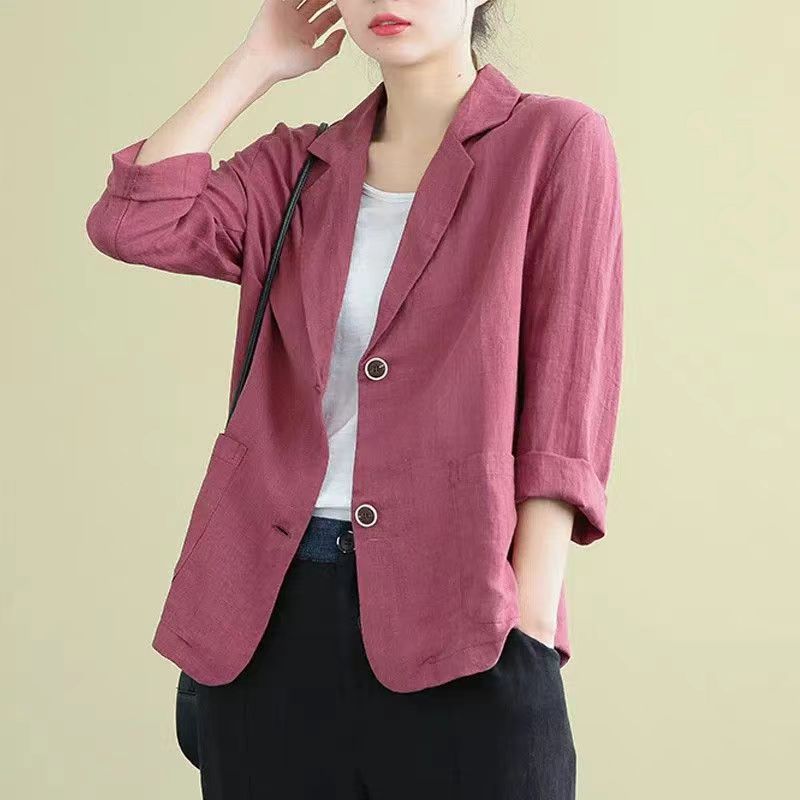 Damen Leinenblazer Lässig Kontrastknöpfe Beige