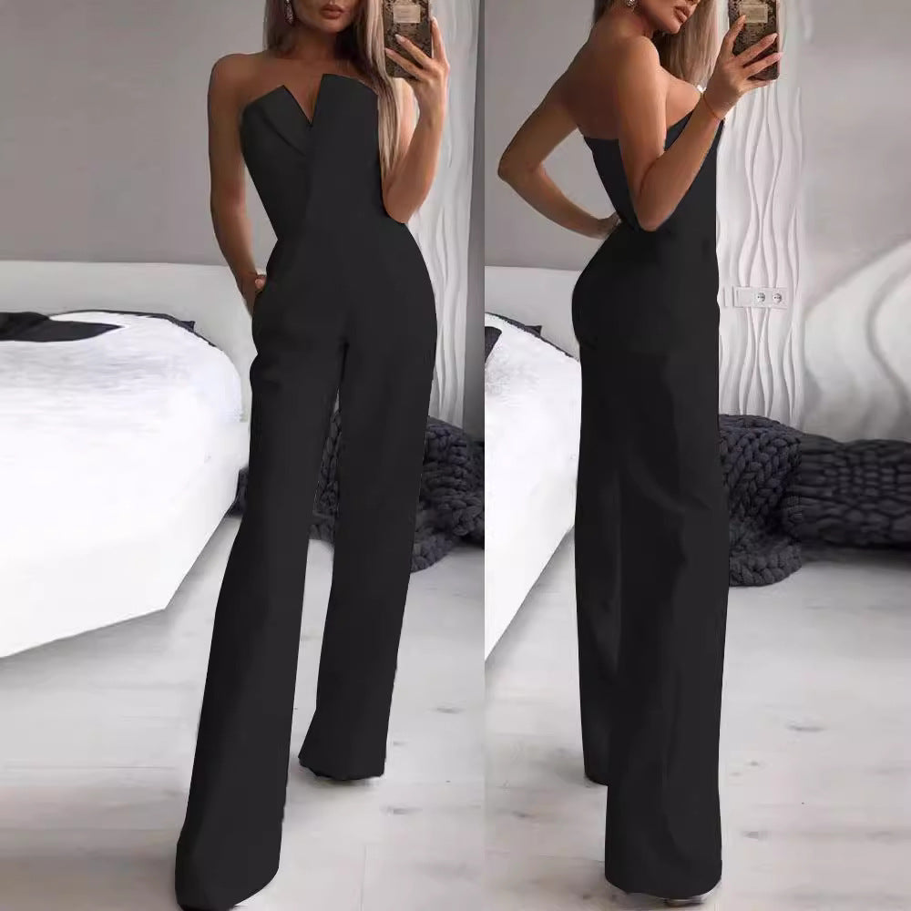 Damen Jumpsuit V-Ausschnitt Weites Bein Schwarz Norvielle - Norvielle