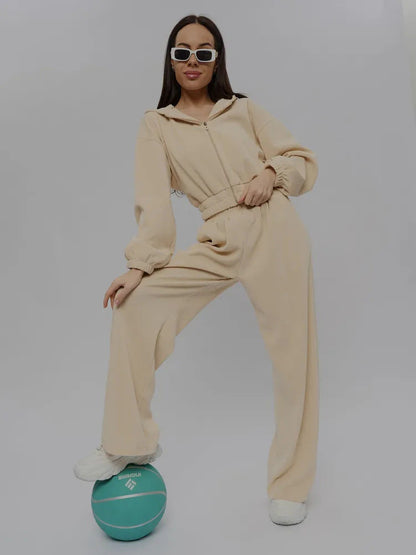 Damen Fleece Jogginganzug mit Kapuze Weite Passform Beige