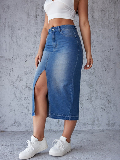 Damen Maxi Denimrock Seiten-Schlitz moderne Fransen