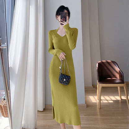 Damen Strickkleid V-Ausschnitt Seitenschlitze Norvielle