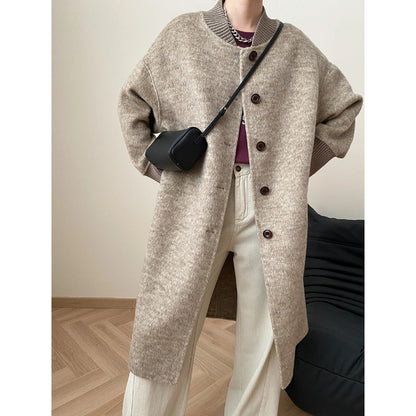 Damen Strickmantel Lang Knöpfe Elegantes Design Beige - Norvielle