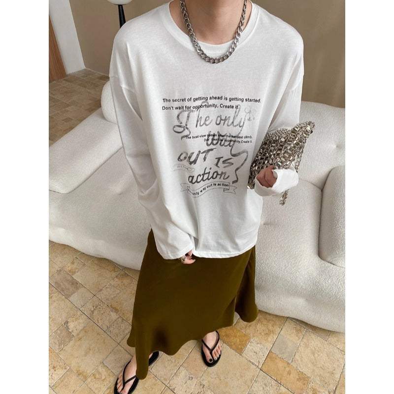 Damen Langarmshirt Grafikdruck Baumwolle Weiß