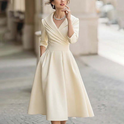 Damen Midikleid Wickelausschnitt Raffung Elegantes Design