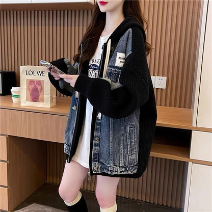 Damen Oversized Denimjacke Strickdetails