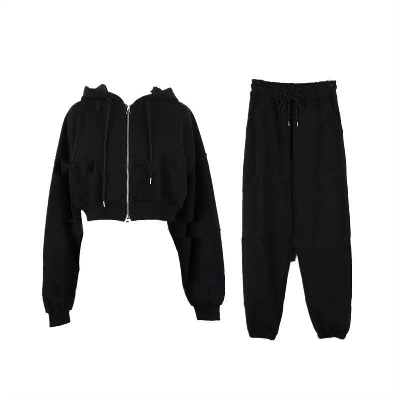 Damen Sportliches Zweiteiler-Set Cropped Kapuzenjacke Jogginghose