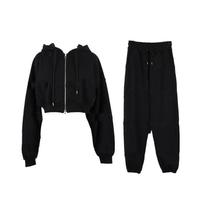 Damen Sportliches Zweiteiler-Set Cropped Kapuzenjacke Jogginghose