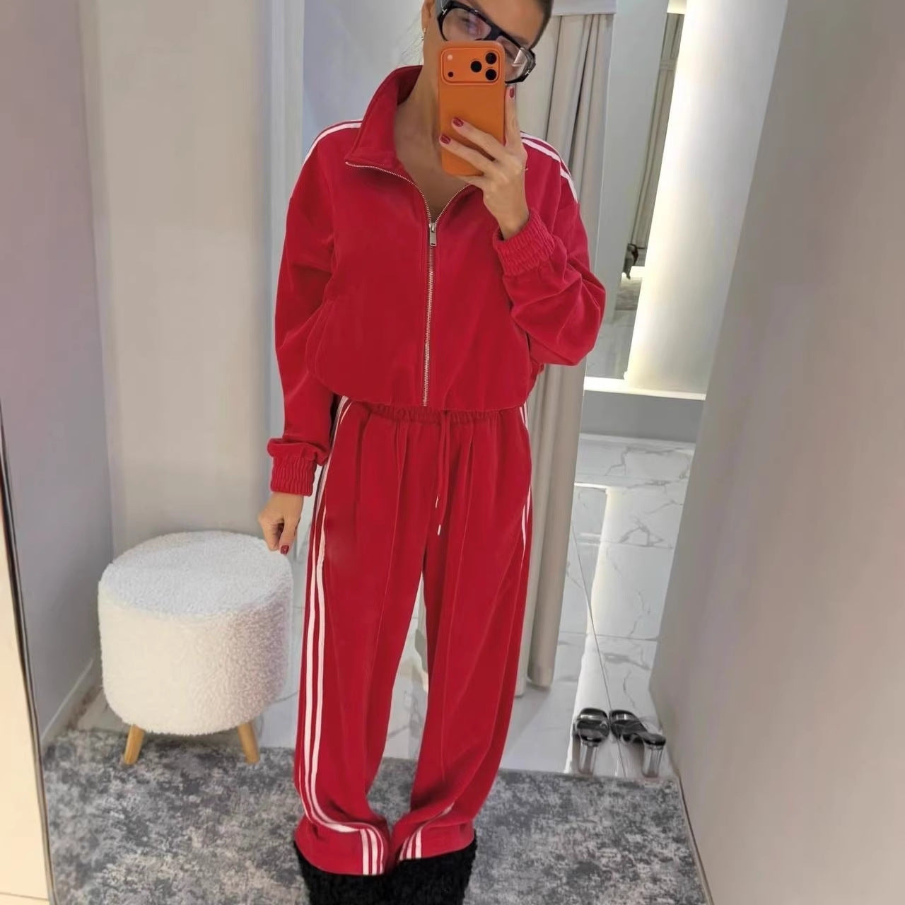 Damen Velours Jogginganzug Hochgeschlossener Kragen Elastischer Bund