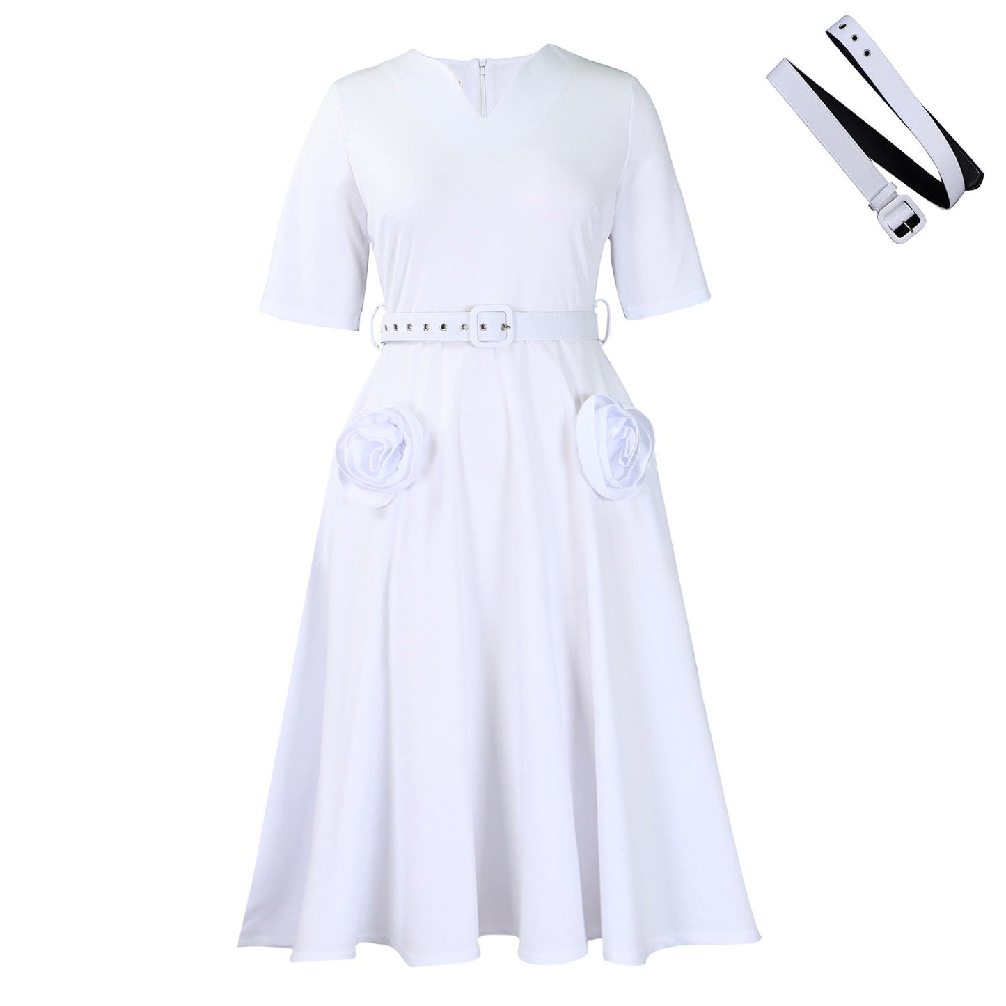Damen Midi-Kleid mit Blumenapplikationen und Taillengürtel Norvielle
