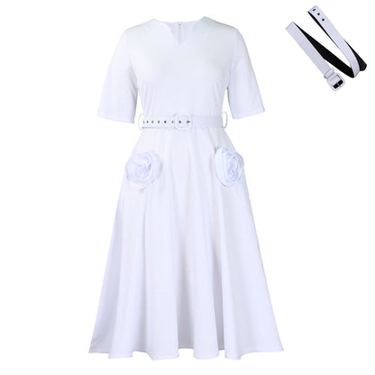 Damen Midi-Kleid mit Blumenapplikationen und Taillengürtel Norvielle