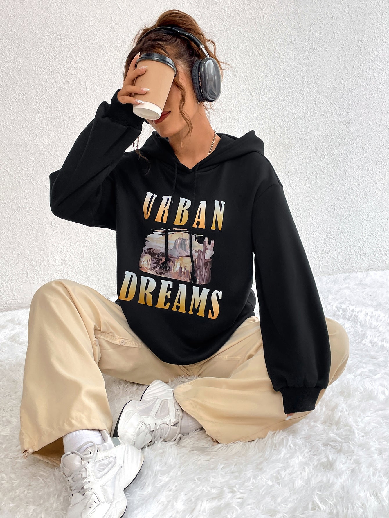 Damen Hoodie Oversized Urban Print Kapuze Norvielle