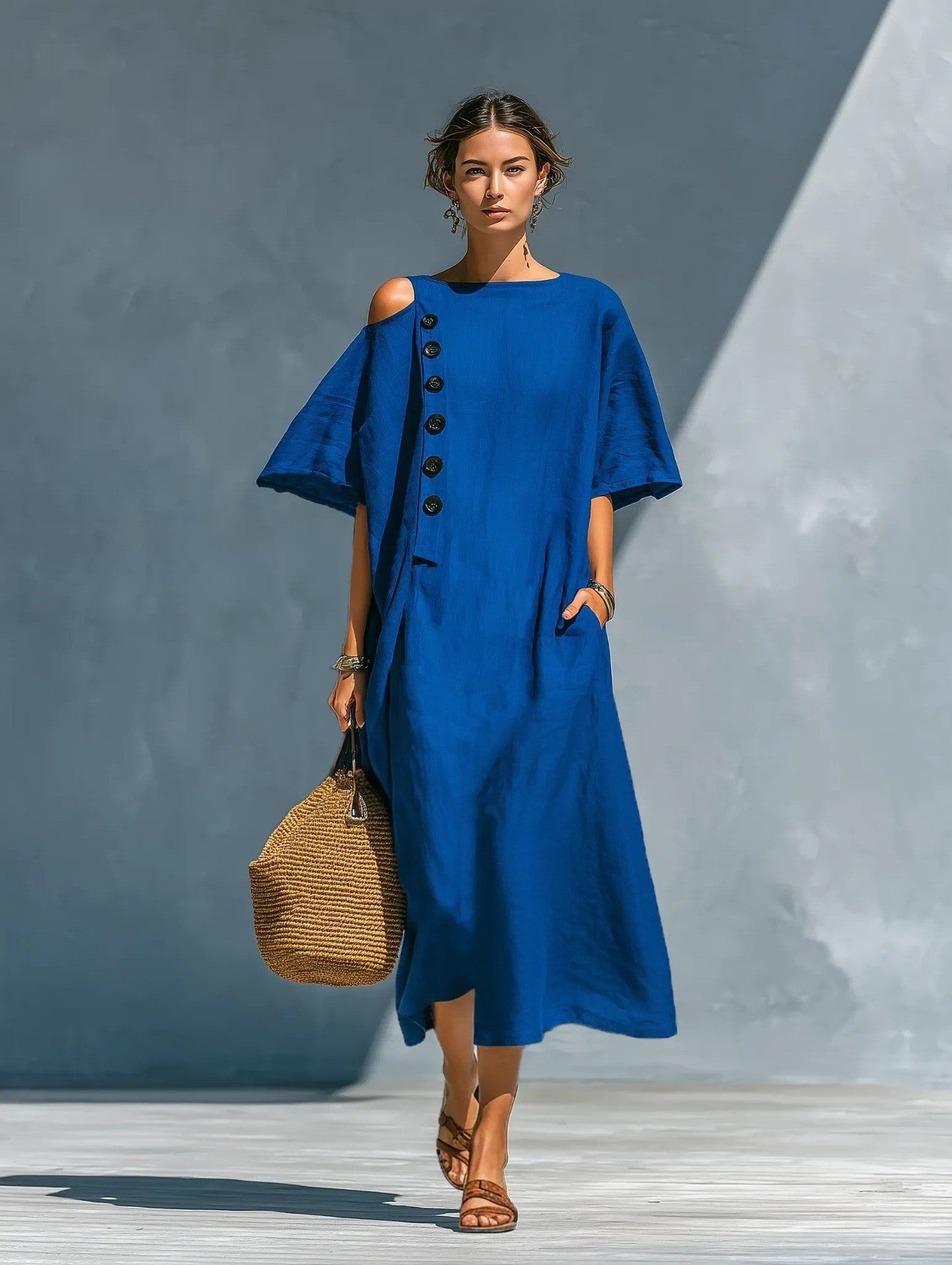 Damen Oversize Langarmkleid Asymmetrischer Ausschnitt Knöpfe