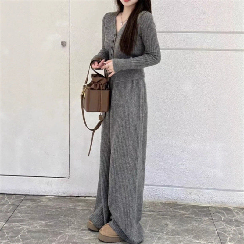 Damen Strickanzug Lässiger Schnitt Mit Knöpfen Beige