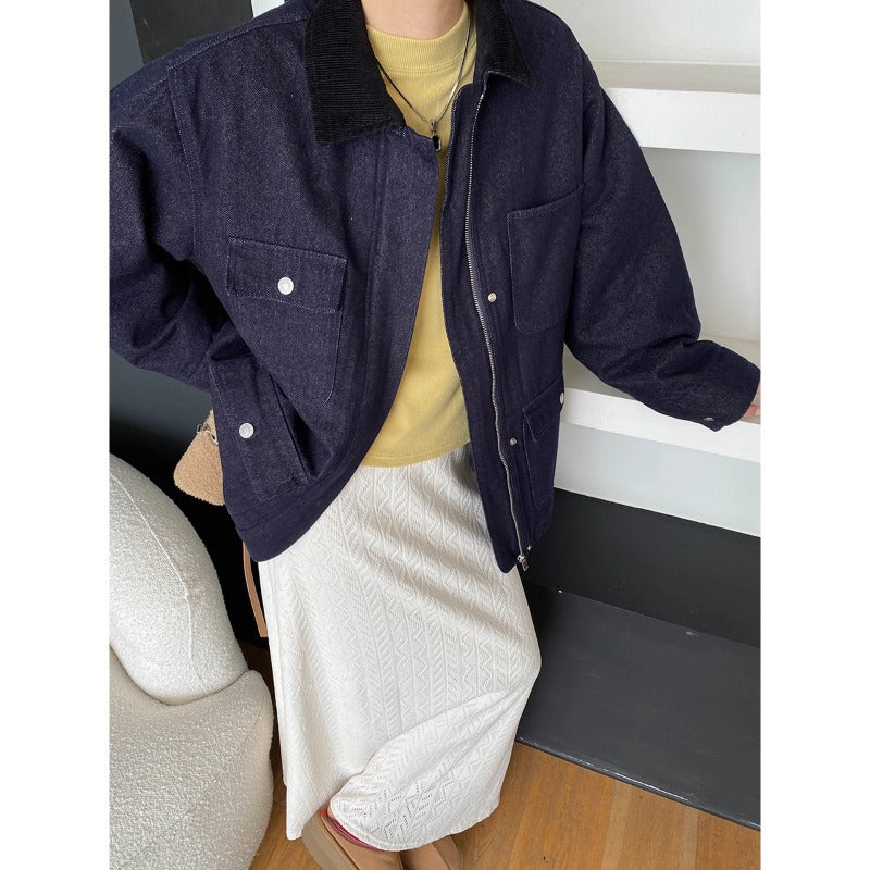 Damen Utility-Jacke Lässig Praktische Taschen Umschlagbarer Kragen