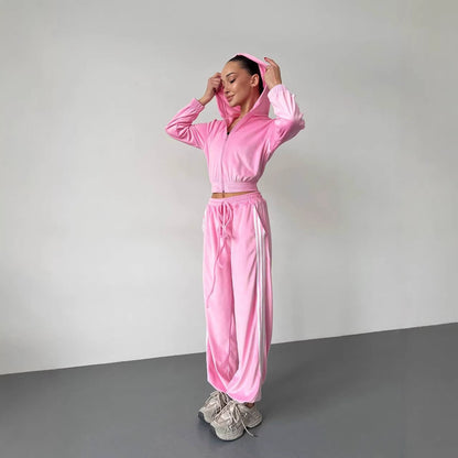 Damen Fleece Sportanzug Cropped Jacke Weite Hose Norvielle - Norvielle