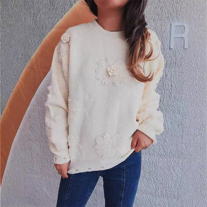 Damen Pullover mit Floralmuster Strukturiertes Strickdesign Beige