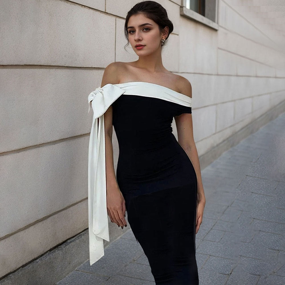 Damen Maxikleid Off-Shoulder Schleifenakzent Elegant