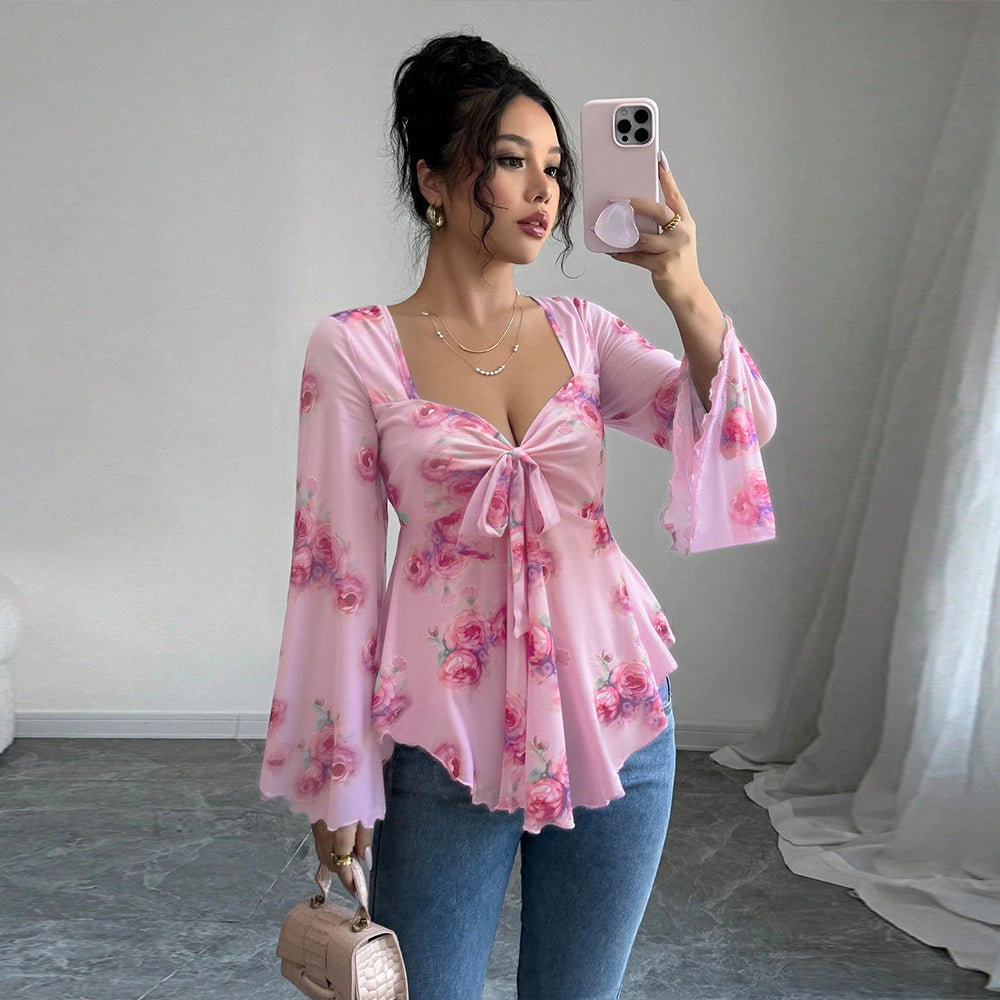Damen Bluse Fließendes Blusen-Shirt Florales Design Verspielter Knoten