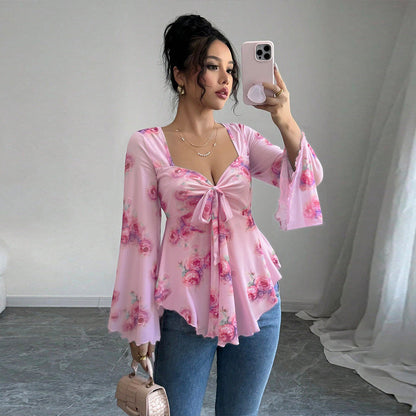 Damen Bluse Fließendes Blusen-Shirt Florales Design Verspielter Knoten