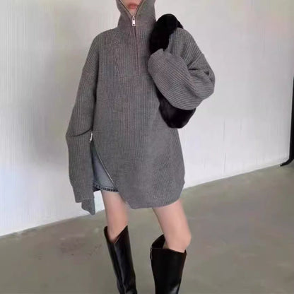 Damen Strickpullover Hochkragen Reißverschluss Beige