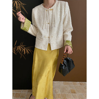 Damen Bouclé-Jacke mit Pailletten und Kontrastärmeln
