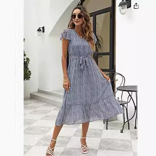 Damen Midi-Kleid Floralmuster Taillengürtel - Norvielle