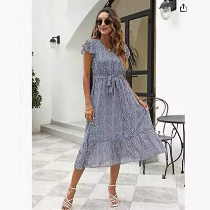 Damen Midi-Kleid Floralmuster Taillengürtel - Norvielle