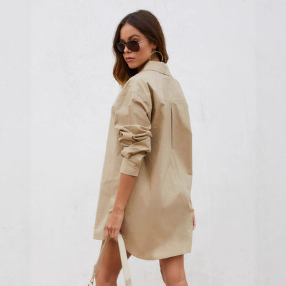 Damen Oversized Langarmbluse aus Baumwolle mit Brusttaschen und