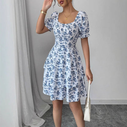 Damen Minikleid Blütenprint Puffärmel