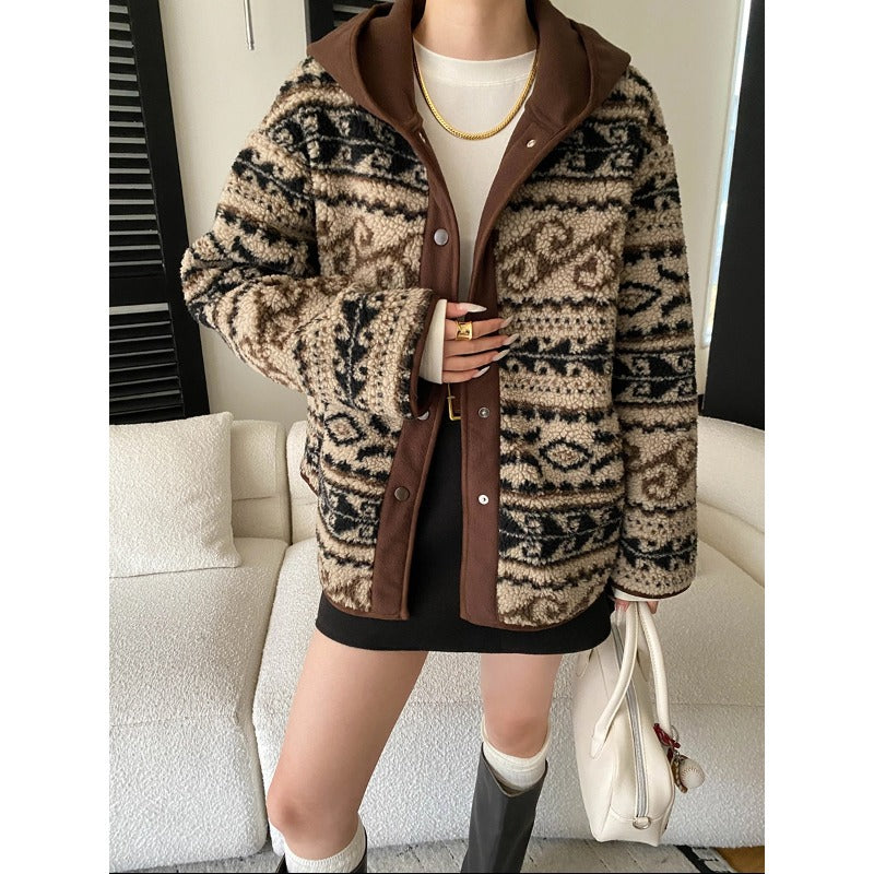 Damen Cardigan Kapuze Kuschelfleece Muster Schwarz - Norvielle