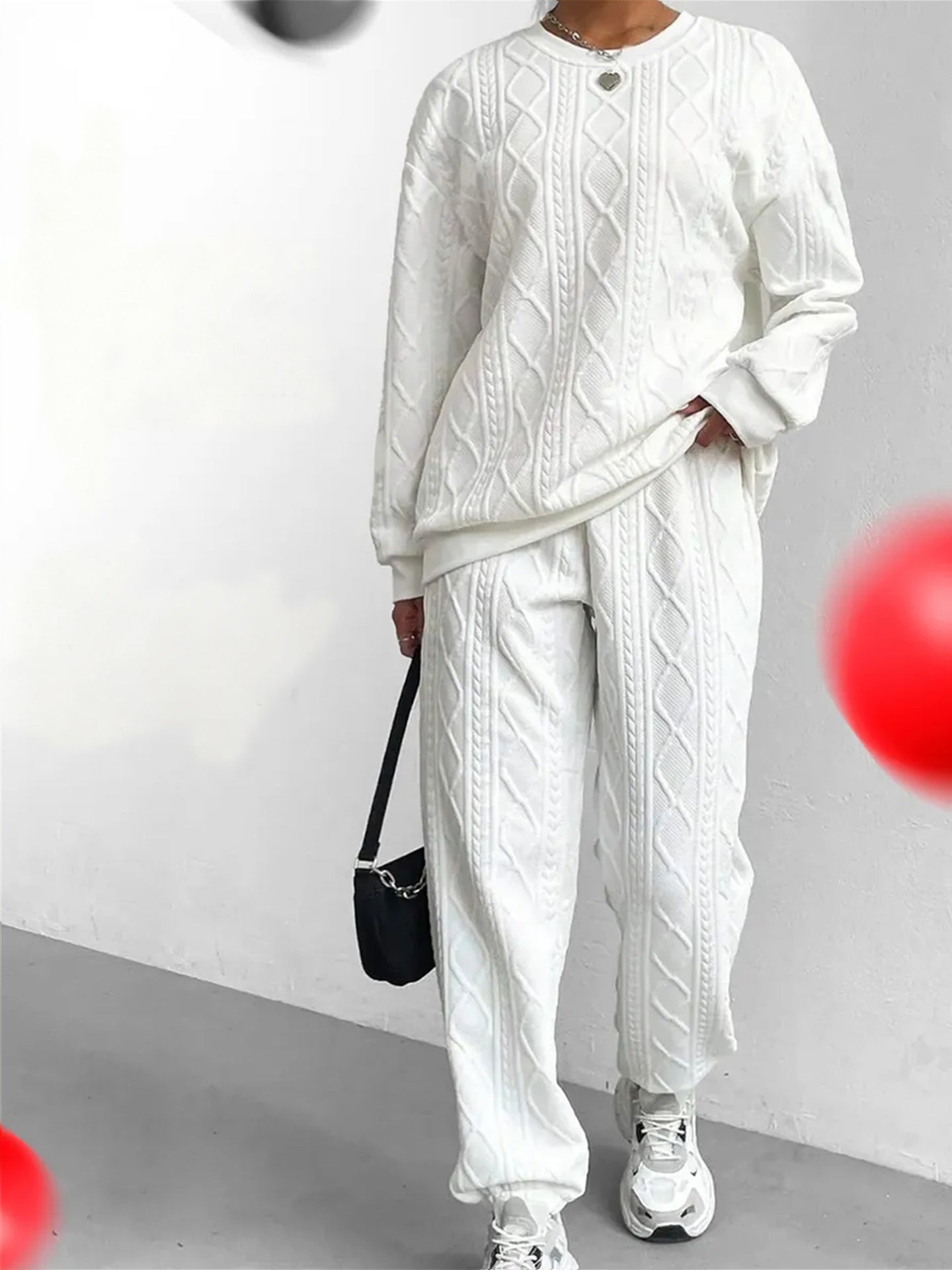 Damen Strick-Loungewear-Set mit Zopfmuster Weit Schnitt