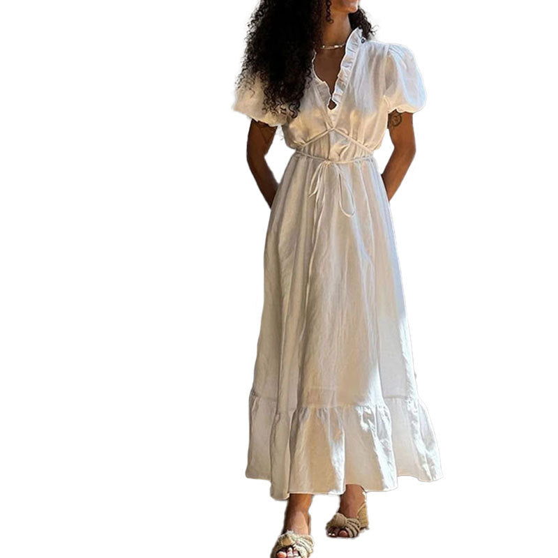 Damen Maxikleid Wickeloptik Rüschensaum Norvielle