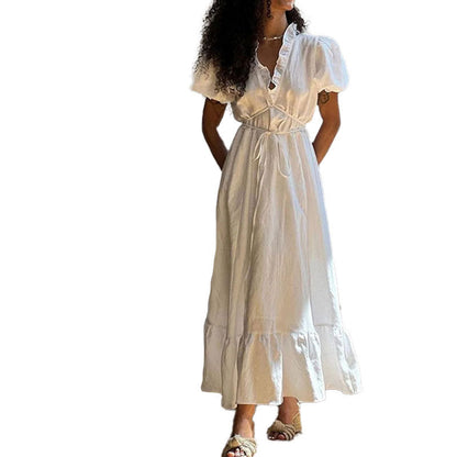 Damen Maxikleid Wickeloptik Rüschensaum Norvielle