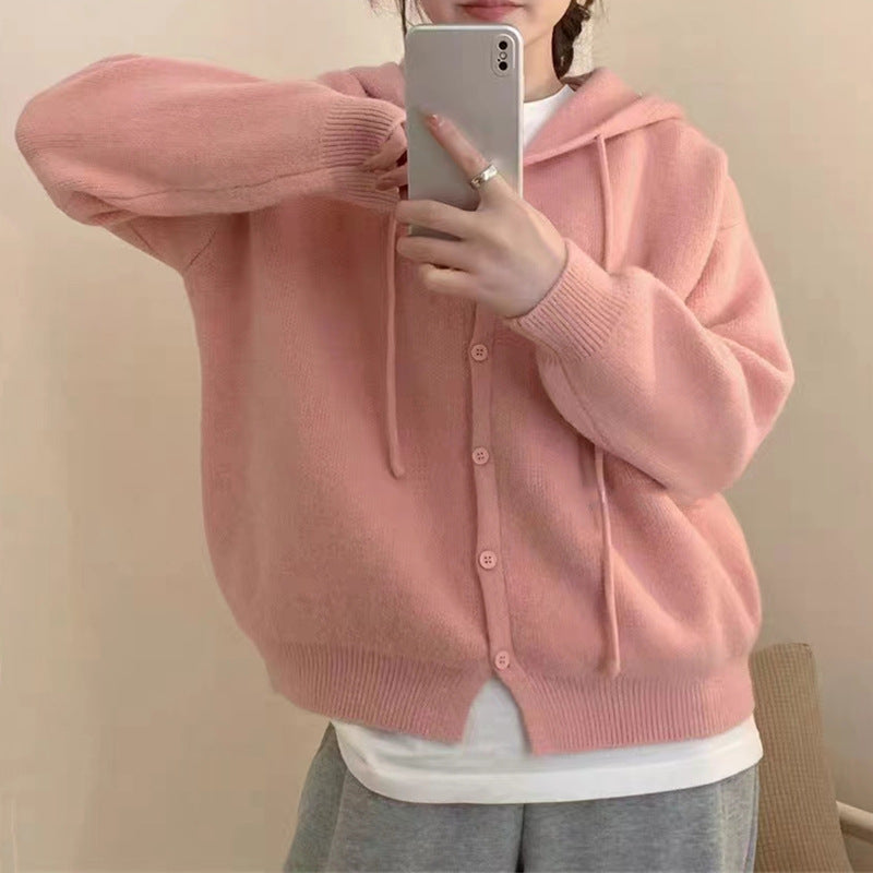 Damen Strickjacke Kapuze Knopfverschluss Norvielle