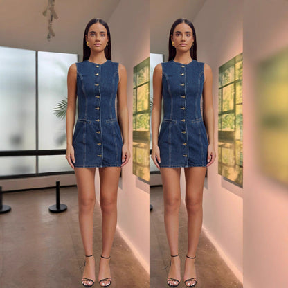 Damen Denim-Kleid mit Knöpfen Figurbetont
