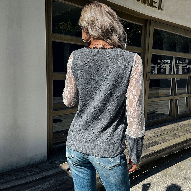 Damen Strickpullover Spitzeneinsätze Rautenmuster Norvielle
