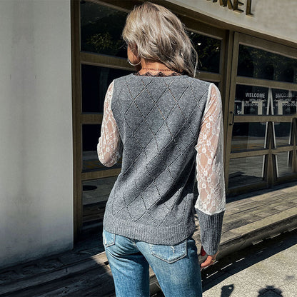 Damen Strickpullover Spitzeneinsätze Rautenmuster Norvielle