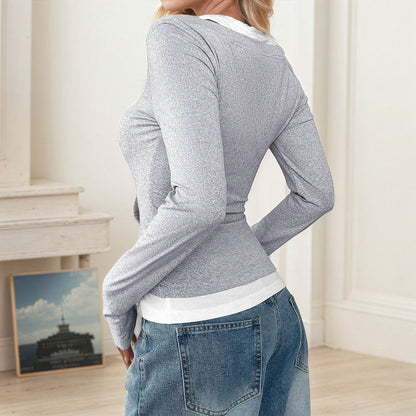 Damen Langarmshirt mit Ärmellosem Unterhemd und Knöpfen Norvielle
